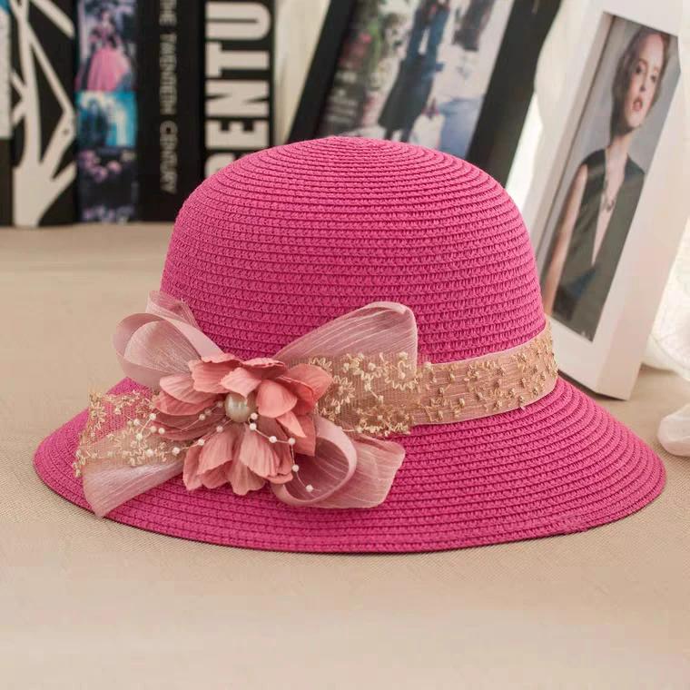WTEMPO Women Travel Beach Breathable Lace Ribbon Flower Sun Hats Wide Brim Solid Color Spring Summer Foldable Sunscreen Hats