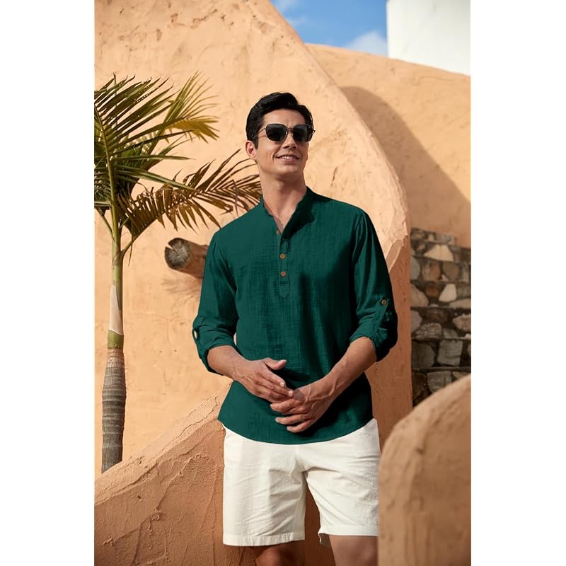 Zombom Mens Plain Cotton Blend Regular Fit Long Sleeve Kurta Shirt
