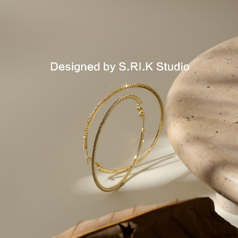 Shili Jian [Sparkling Earrings] Shiny European and American Micro-Inlaid Zircon Hoop Earrings Versatile Earrings Big Golden Circle