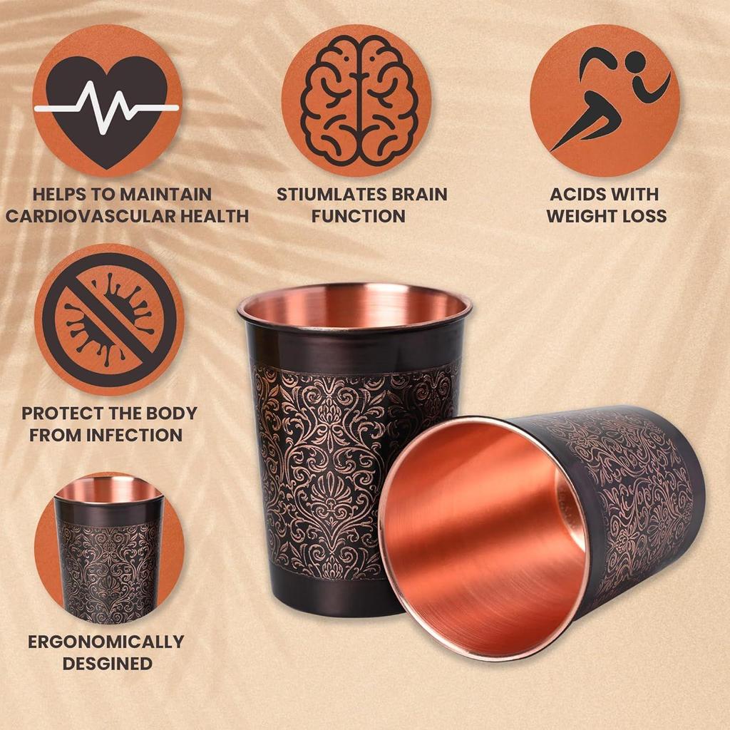Copper Carving Royal Design Black Antique Finish Set Of Two Glass With Gold Gift Box, 250 ML