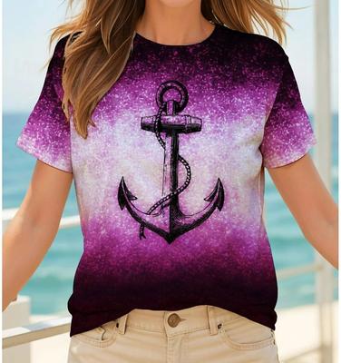 Camiseta de Talla Grande para Mujer con Patrón de Ancla de Barco Camisetas Verano Casual Manga Corta Tops Camisetas Cuello Redondo Ropa de Mujer Jersey