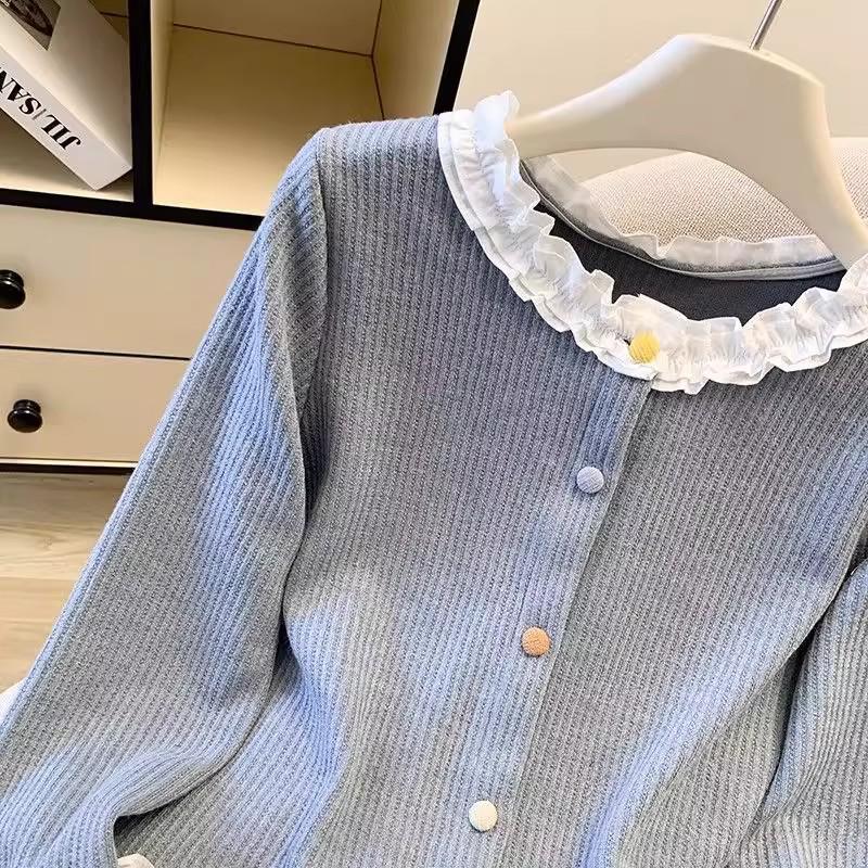 Spring & Autumn Patchwork Ruffle Slimming Cardigan with Colorful Buttons - Women's Long Sleeve Base Top