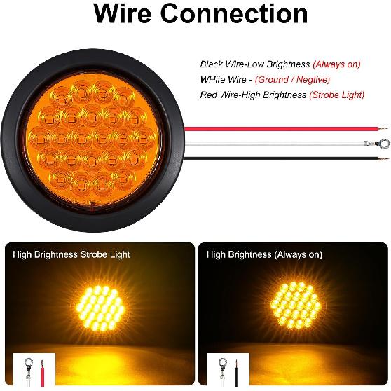 2Pcs 4 Inch Round Amber Strobe Lights 24 LED Trailer Tail Lights Amber 4" LED Strobe Light Stop Turn Tail Light Brake Lights for Trailer Truck 10-30V