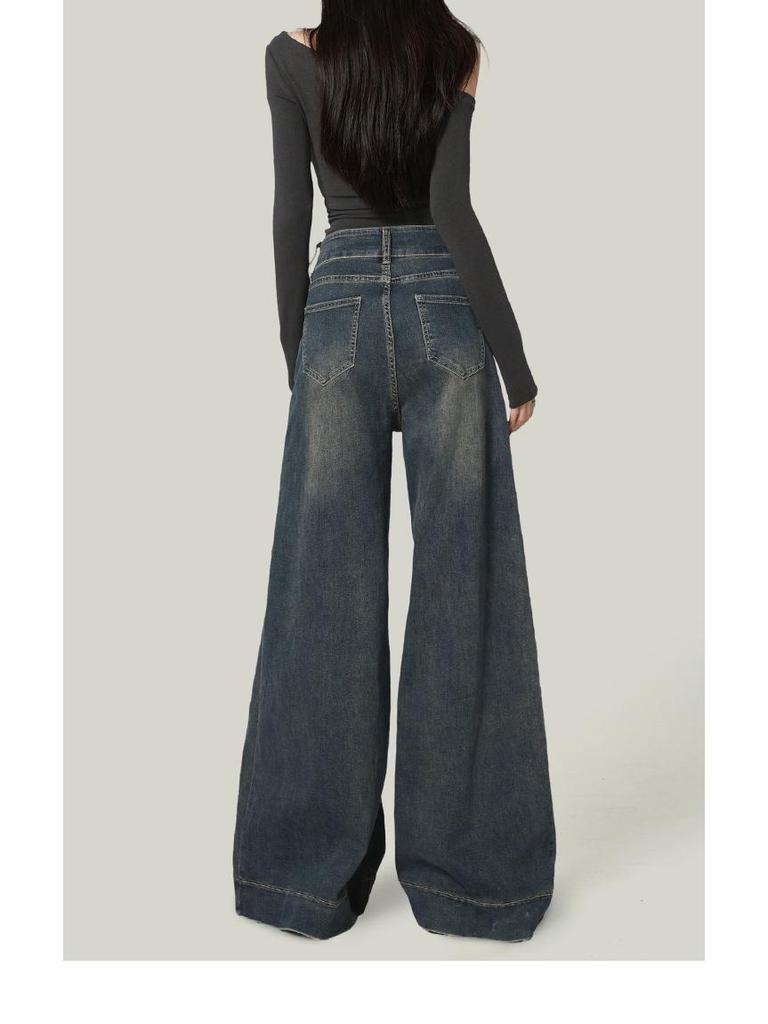 Women's High-Waisted Retro Blue Wide-Leg Jeans, Loose Fit, Good Drape, Floor-Length, Perfect for Spring/Autumn.