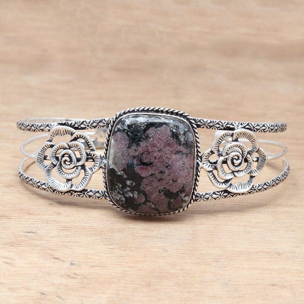 Eudialyte Jasper Gemstone Handmade Silver Jewelry Cuff Bracelets 7''Adjustable