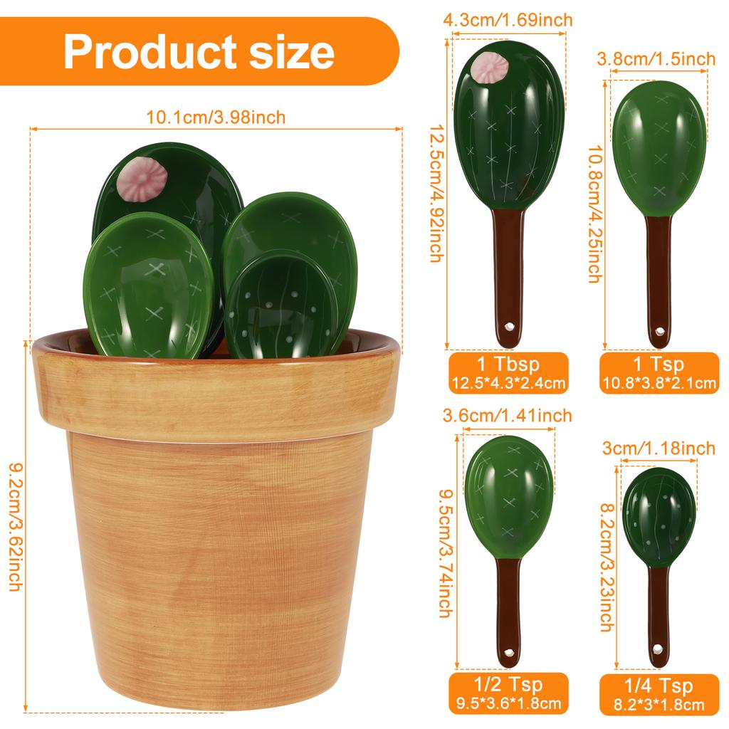 4 Pcs Porcelain Measuring Spoons Set with Base Cute Cactus Shape Stirring Soup Spoon Reusable Ceramic Flower Pot Measuring Spoon