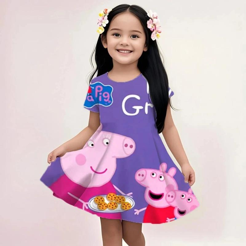 

Summer girls fashion casual cute cartoon gradient rainbow full-print round-neck short-sleeved waist-cinching dress 100