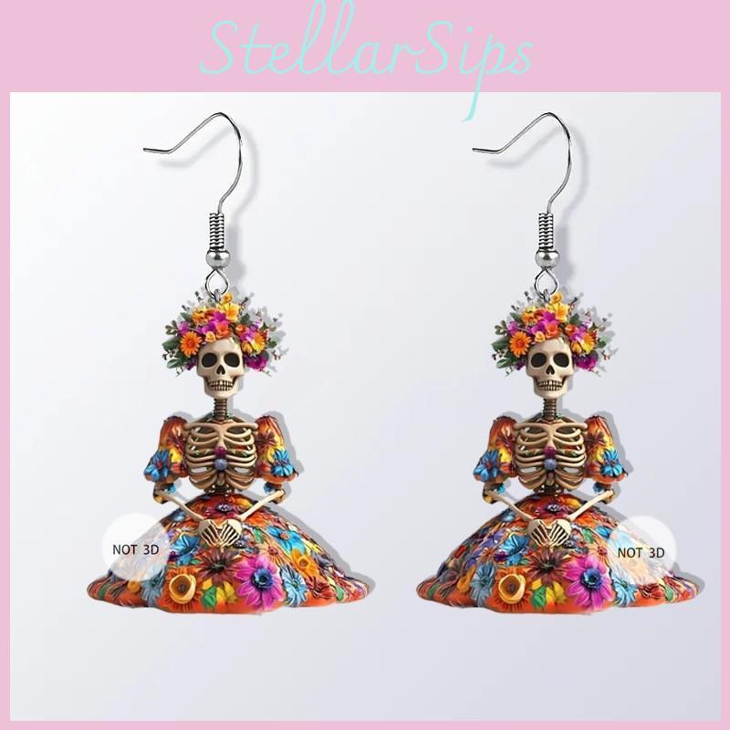 Halloween Flower And Skull Pattern Women Earrings For Womens Casual Party Jewelry