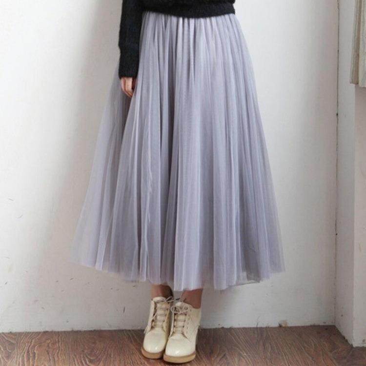 Vintage Elegantes Tüllrock mit hoher Taille 3 Lagen Netz Elastischer Bund Gaze Tutu Rock Herbst Frühling Ballkleid Lang QT2001
