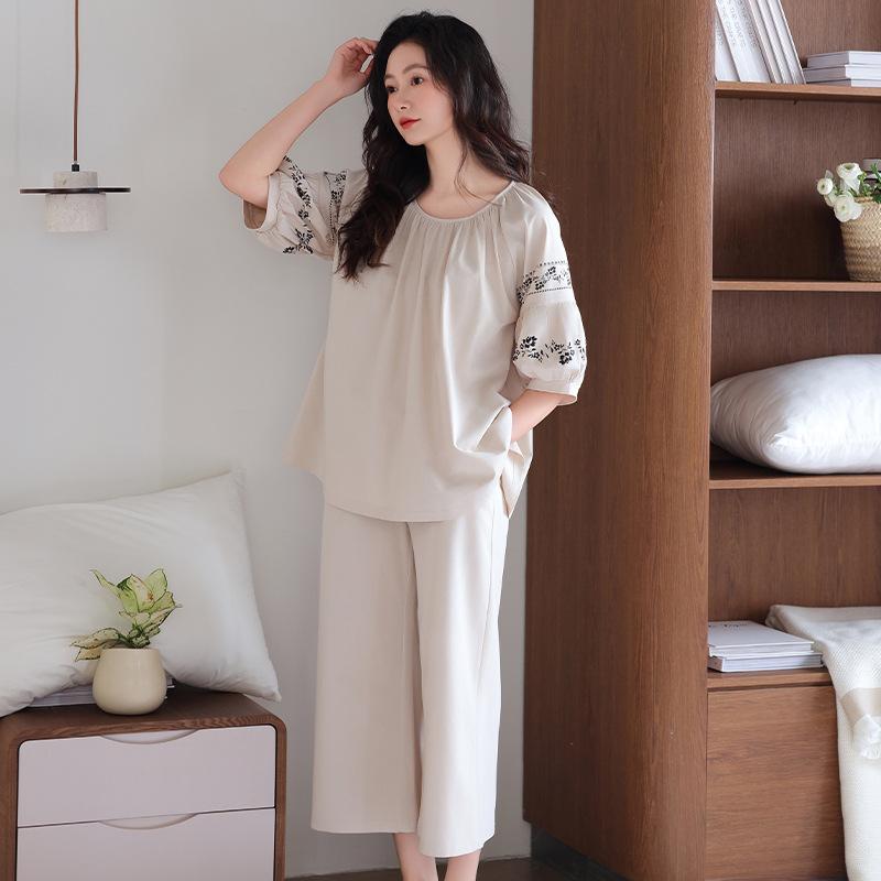 Self-contained chest pad pure cotton pajamas women's summer thin short-sleeved cropped pants sweet cotton loungewear set large size