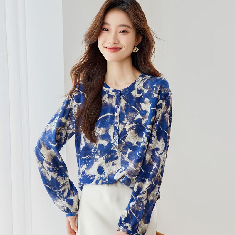 Women s Printed Mulberry Silk Lantern Sleeve Blouse L