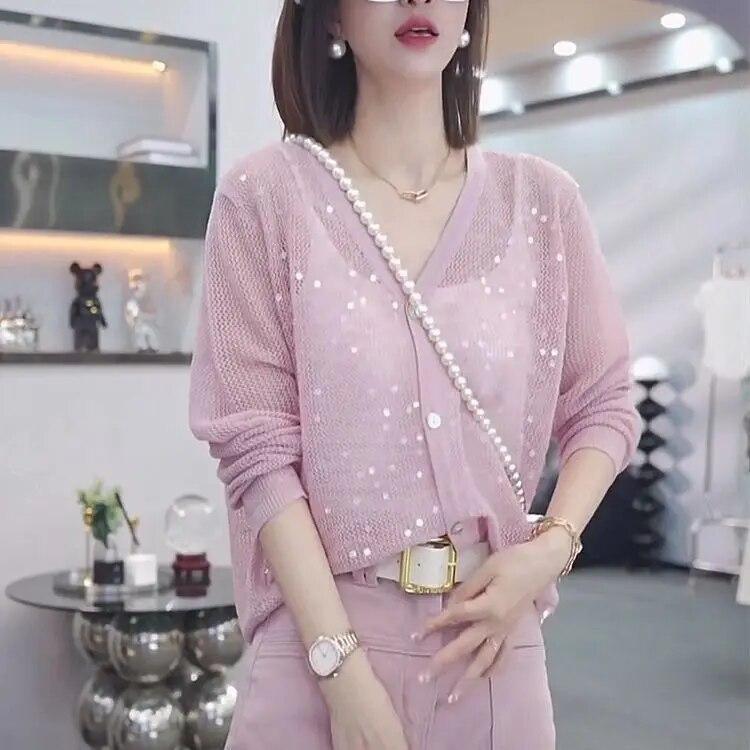 Knitted Sweater with Lazy Style Sequin Hollow V-neck, Loose and Thin Summer Air Conditioning Protective Cover, Long Sleeves