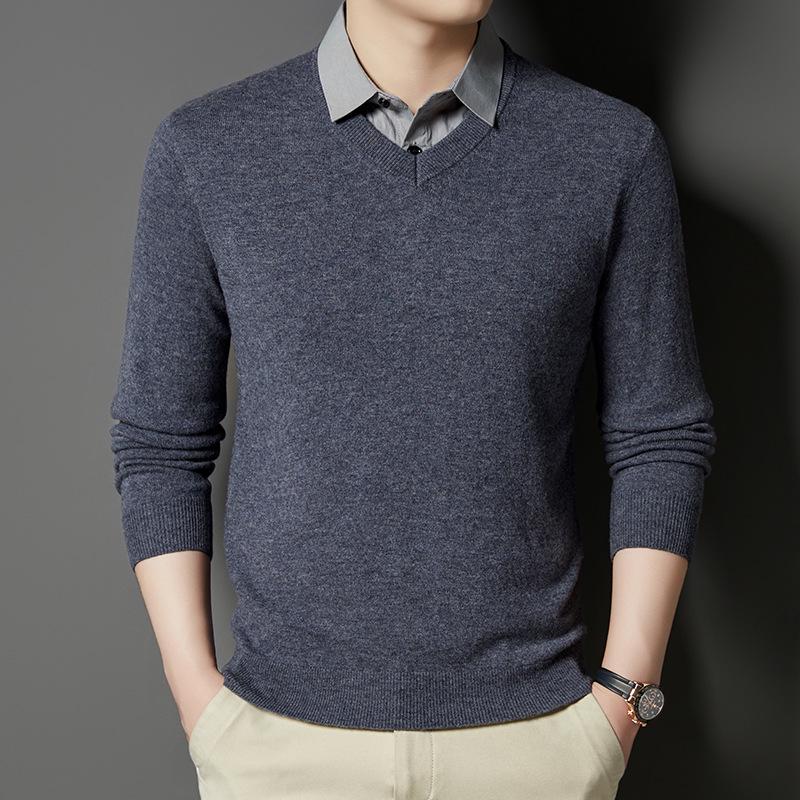 

Men’s 100% Wool Fake Two-Piece Knit Sweater – Casual Warm Lapel, Mid-Aged & Young Style XL