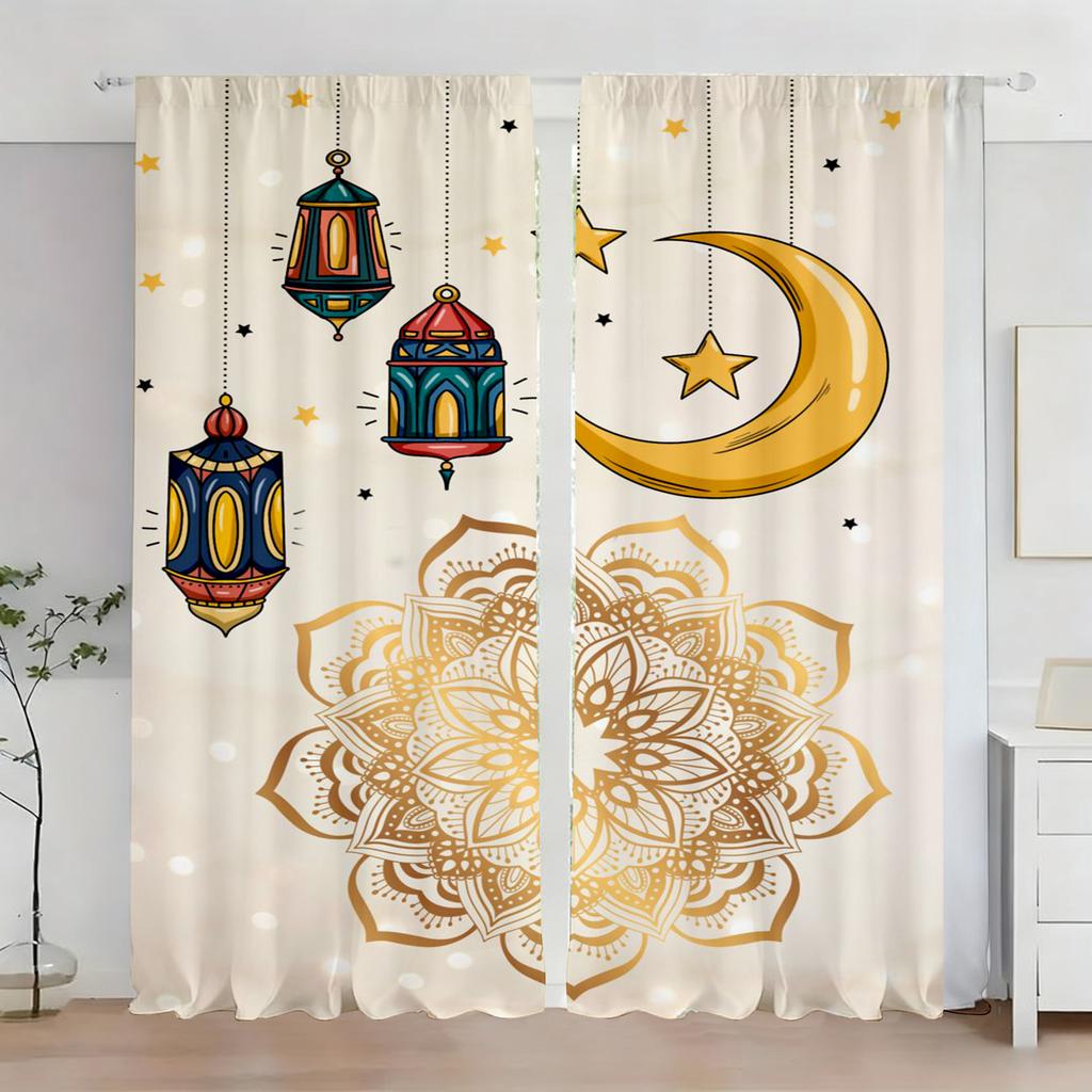 Golden Mandala Floral Curtains Flat Cartoon Lantern Stars Moon Print Polyester Fiber Ramadan Eid Window Decor Curtain Set Of 2 Made Washable