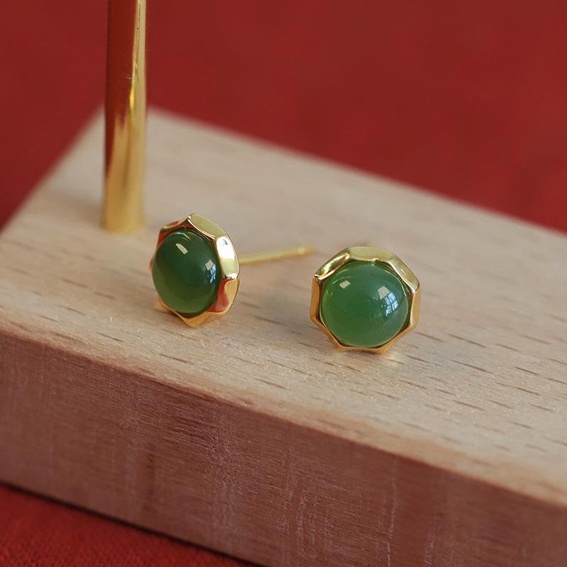 Tichiya S925 Sterling Silver Jade Earrings - Chinese Style Retro with High-End Feel