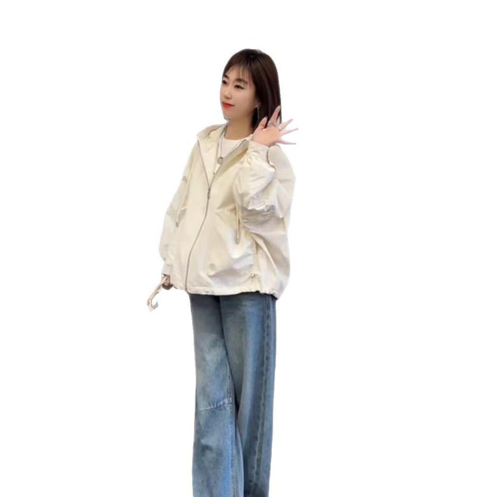 2025 Spring Women's Petite Hooded Windbreaker: Loose Fit, Solid Color, Long Sleeve Jacket.