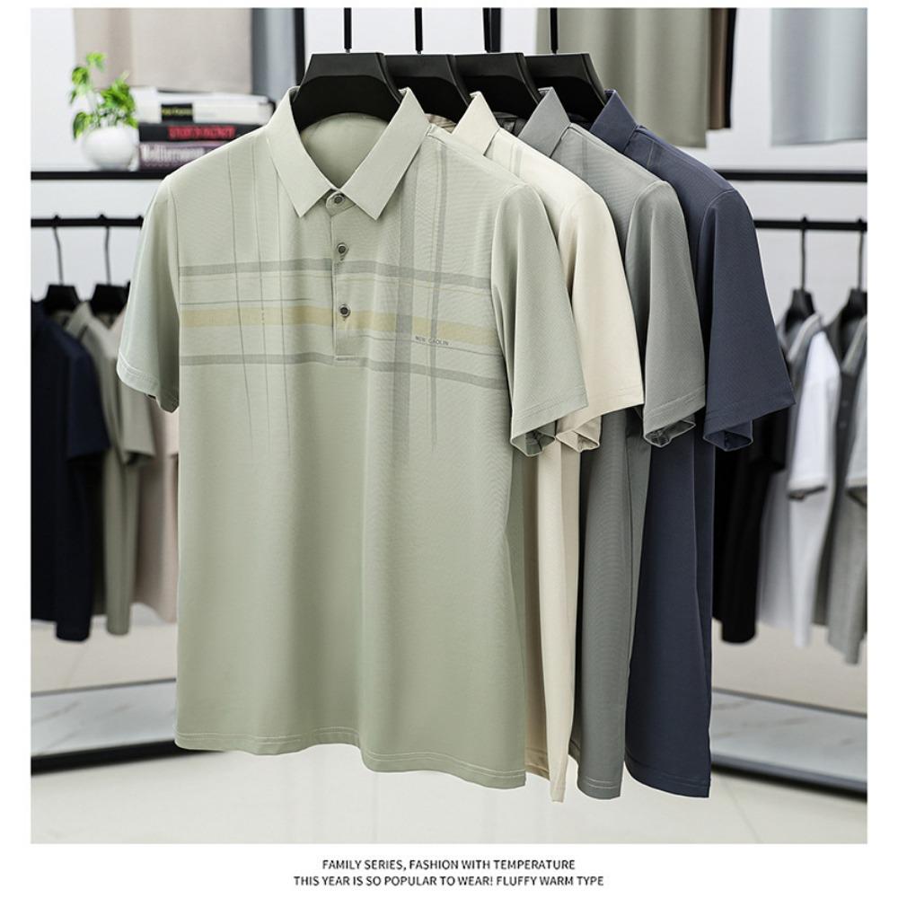 Summer Ice Silk Short Sleeved T-shirt Middle-aged Men's Lapel Top Base Shirt