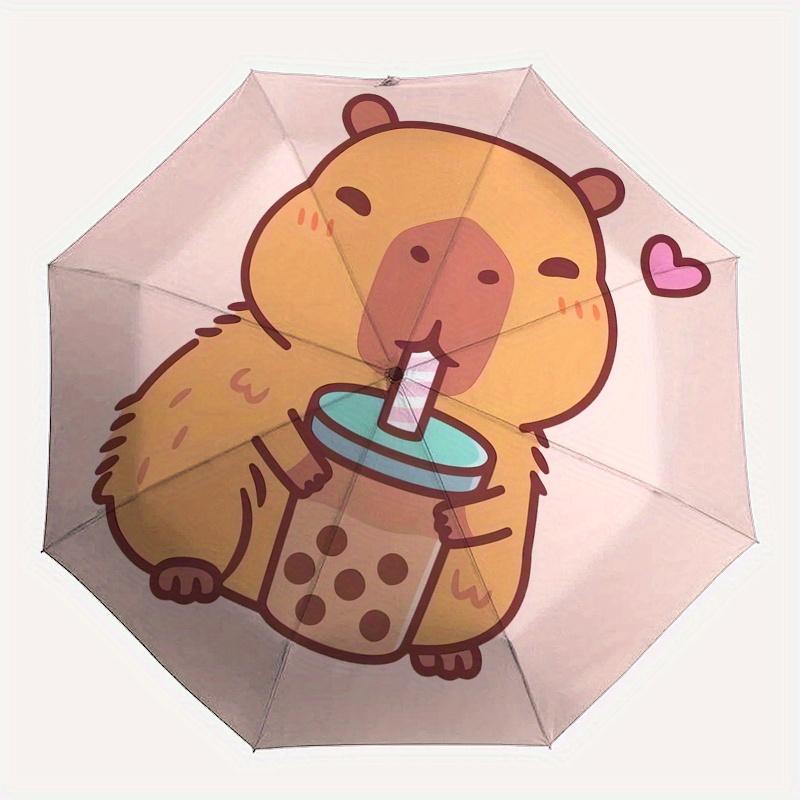 Capybara,Bubble Milk Tea Automatic Folding Umbrella Simple 8 Rib Design, Bright Cartoon Pattern, Durable Iron Frame, Suitable For Travel, O