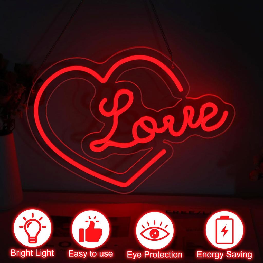 Heart Love Neon Sign, Valentines Day LED Light, USB Powered Dimmable LED Sign for Wall Decoration, Party, Wedding, Bedroom, Living Room, 15.7"x11.4"