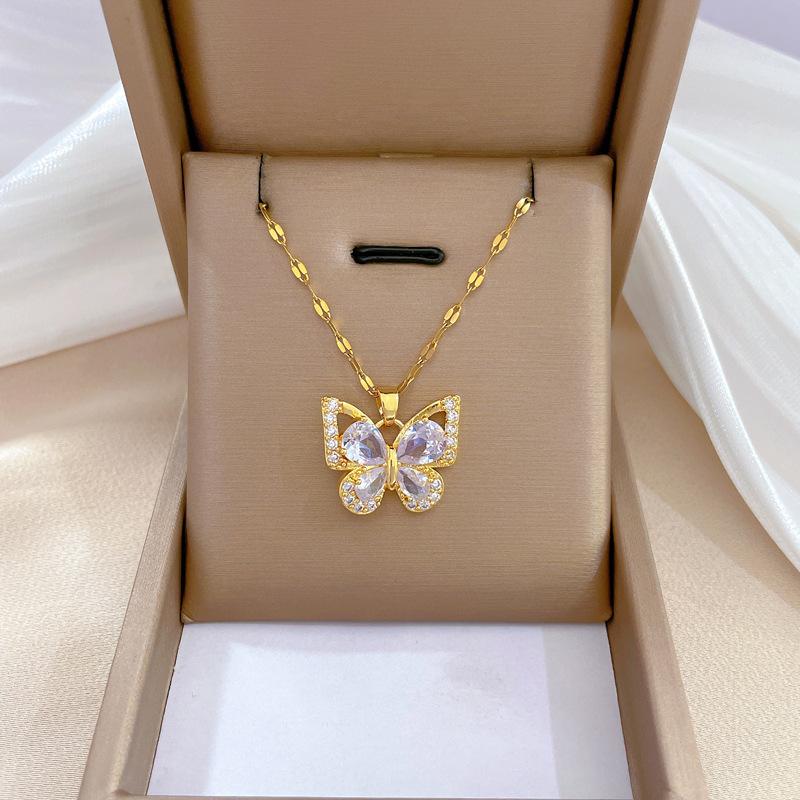 Zircon Butterfly Necklace Earrings Set Light Luxury Slightly Inlaid Personalized Temperament Banquet Earrings Item Combination