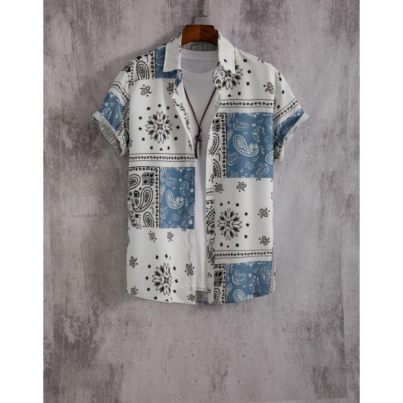 Hawaiian Shirt Men Fashion Flower Geometric Printed Blouse Single-breasted Beach Short SleeveTops Men's Holiday Clothing