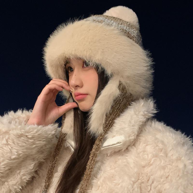 

Женская зимняя вязаная шапка с бархатной подкладкой – Модная, теплая, ветрозащитная и холодостойкая шапка-бини с защитой ушей One Size хаки