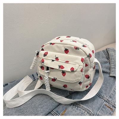 Fashion Printing Strawberry Crossbody Bag Zipper Corduroy Shoulder Bag Sweet Women Girl Large Capacity Handbag