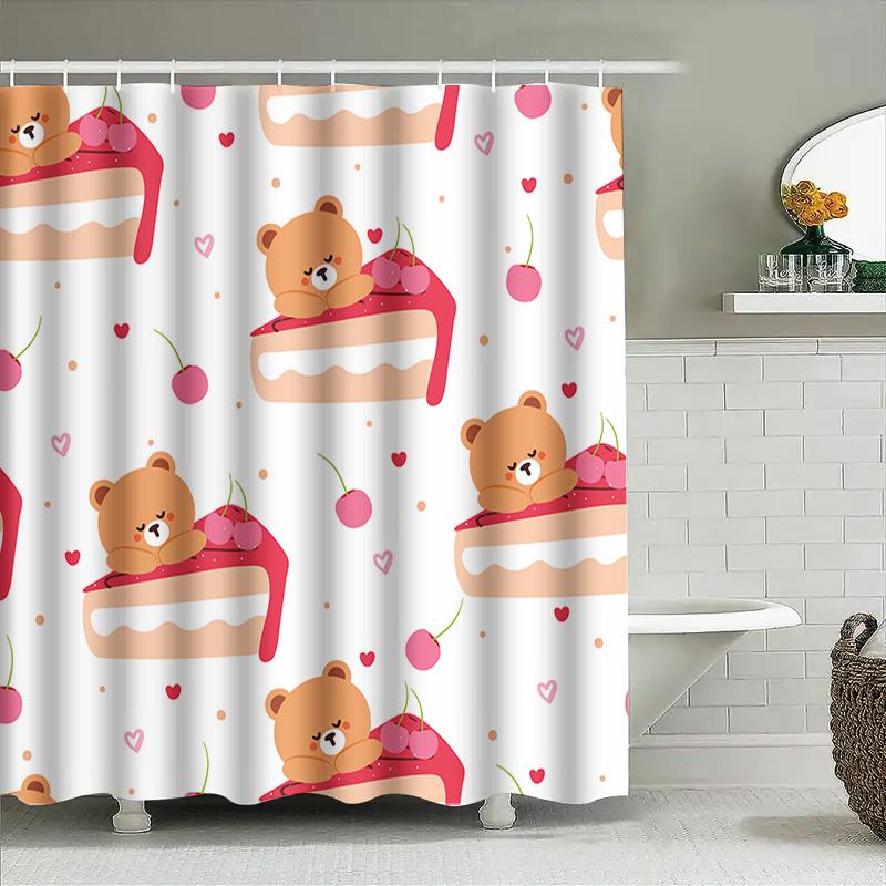 Whimsical Animal Print Shower Curtain For Bathroom Decor Pink Cake With Bear Design Set Includes Rod Rings For Home Use