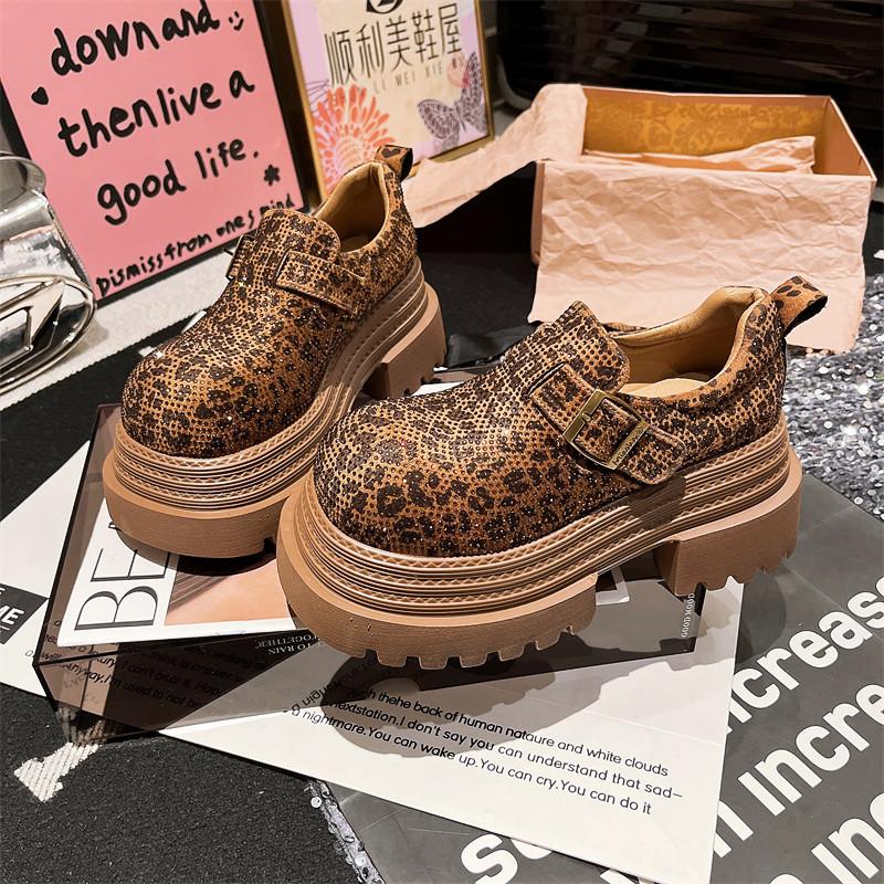 

European station rhinestone full diamond leopard print thick-soled muffin small man three-layer sole JK small leather shoes loafers single shoes wo 40 верблюд