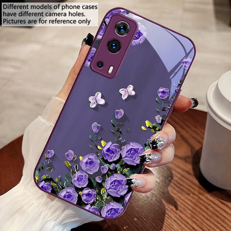 Rose Butterfly Rose Purple For Vivo Y76 16 55 V29 Lite 5G 25 23 30 IQOO Z9X 12 Pro Neo X200 100 90 60 Tempered Glass Phone Case