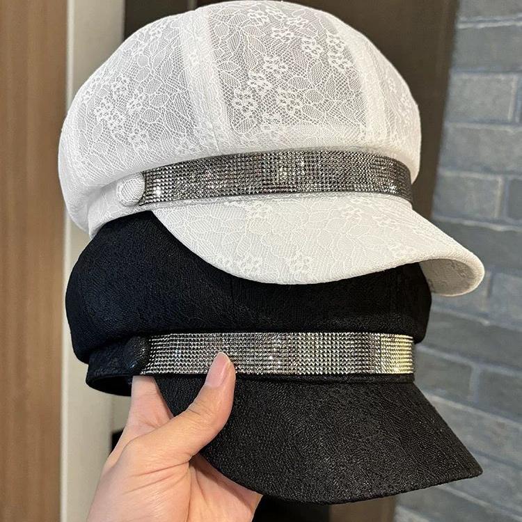 New Rhinestone Webbing Octagonal Hat Children's Spring and Summer Mesh Lace Breathable Duck Tongue Beret