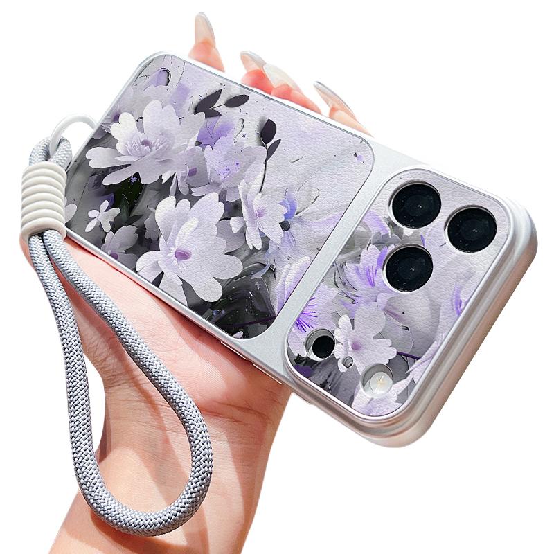 INS Watercolor Floral Leather Lanyard Case For iPhone 18 Pro Max 17 16 15 14 13 Pro Max Luxury Hybrid TPU+PU Anti-skid Soft Phone Cover