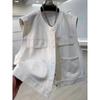 Women's White Denim Vest Sleeveless Button Front Multi Pocket Casual Loose Fit Outerwear