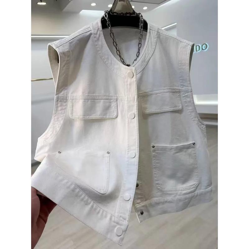 Women's White Denim Vest Sleeveless Button Front Multi Pocket Casual Loose Fit Outerwear