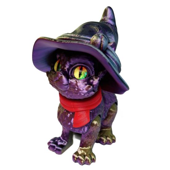 3D Printed Articulated Cat Wizard Hat Cat Ornament Wearing Red Scarf Big Eyes Cat Fidget Toy with Flexible Joints for Stress Relief Desktop Decoration
