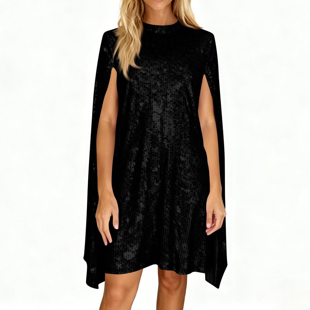 Women's Fashionable And Sexy Color Stand Up Collar Cape Sleeve Sequin Party Dress