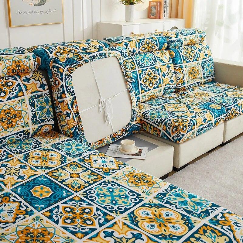 Stretch-bedruckter Stretch-Sofa-Sitzkissenbezug, Rückenlehnenbezug, Schutz für Couch, Sofabezug, L-Form, Chaselong-Schonbezüge