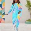 Women Plus Size Round Neck Long Sleeve Printed Top And Fitted Pants Two Piece Set