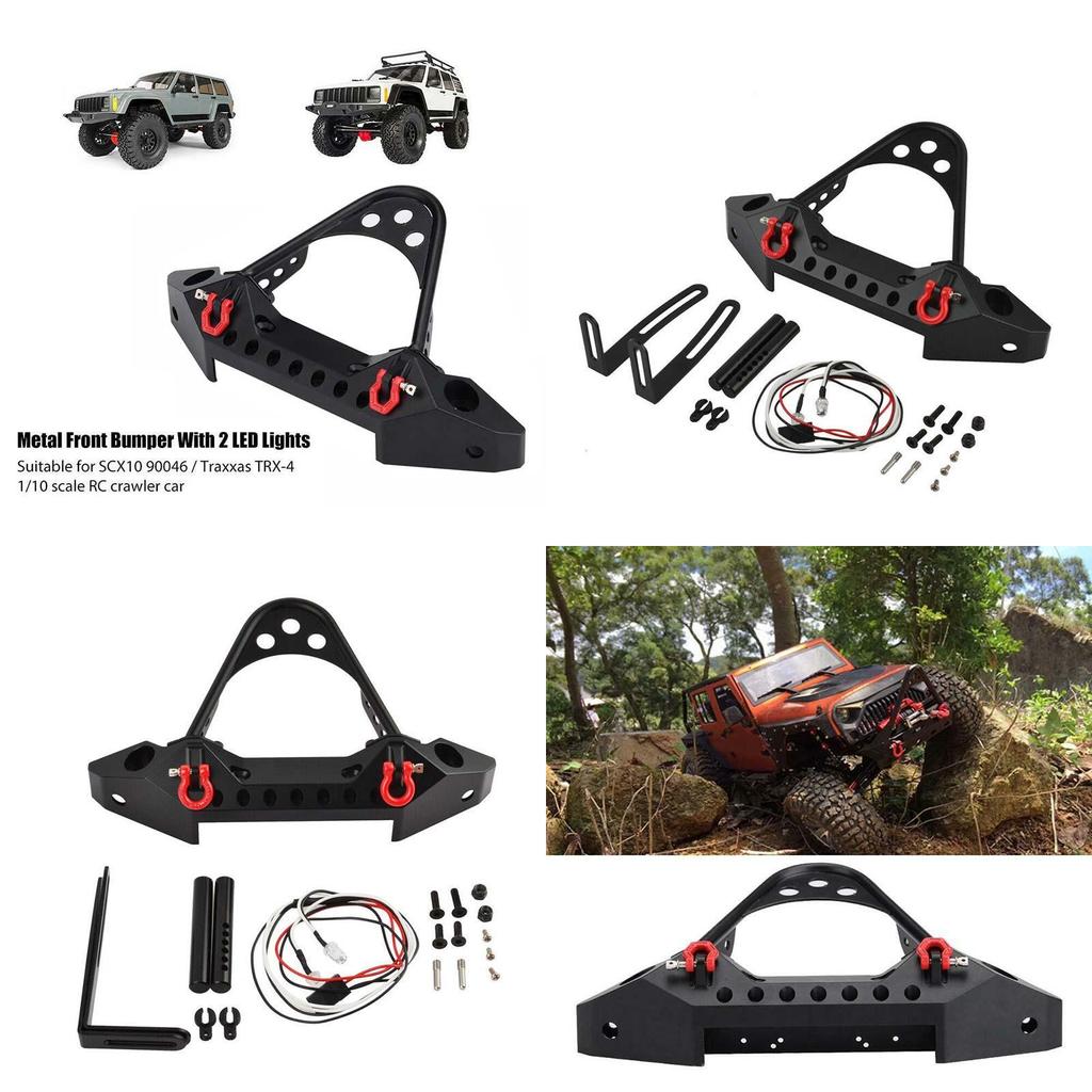 Para-choque Dianteiro de Liga Usinado CNC Preto com Manilha e Luz LED para Traxxas Trx-4 Axial Scx10 Ii Jeep