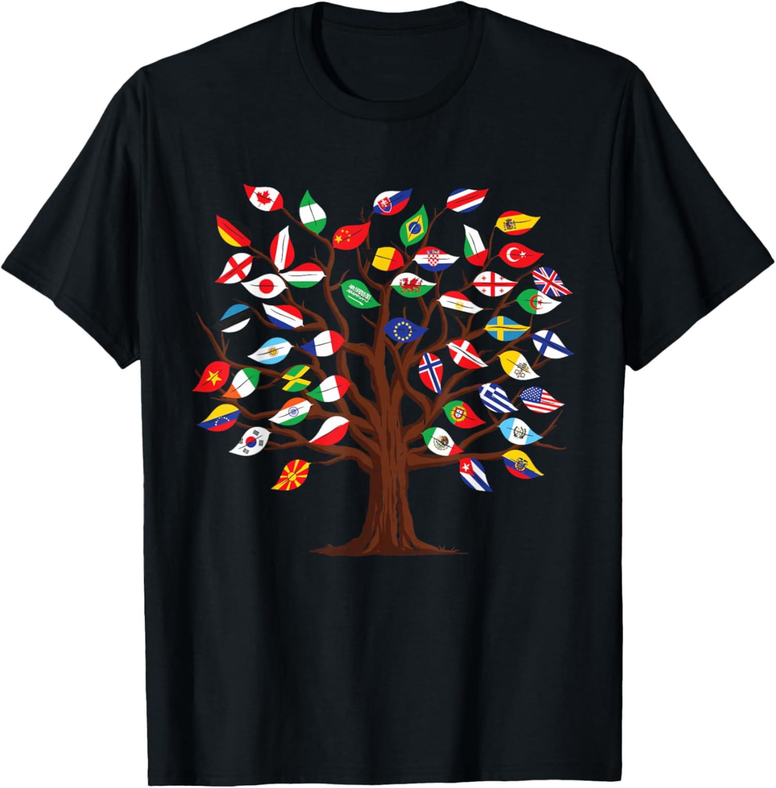 World Flags Tree Shirt, International Travel Geography T-Shirt 2XL