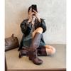 7.5CM fashionable wide tube strap high heel boots knight boots Korean version versatile round head thick heel but knee high boots
