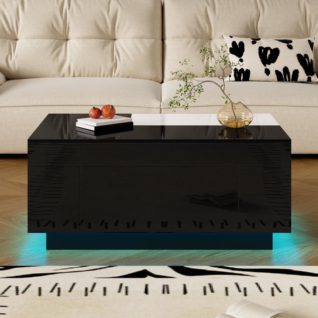 Hochglanz-Kaffeetisch mit LED-Beleuchtung, Ausziehbarer Schwarz-Weißer Tischplatte, Versteckter Stauraum und 16-Farben Einstellbarer Lichtstreifen