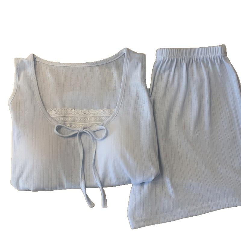 Women's Blue Sleeveless Pajama Shorts Set with Chest Pads, Summer Korean Style, Fresh Girly Design, Perfect for Home or Outdoors.