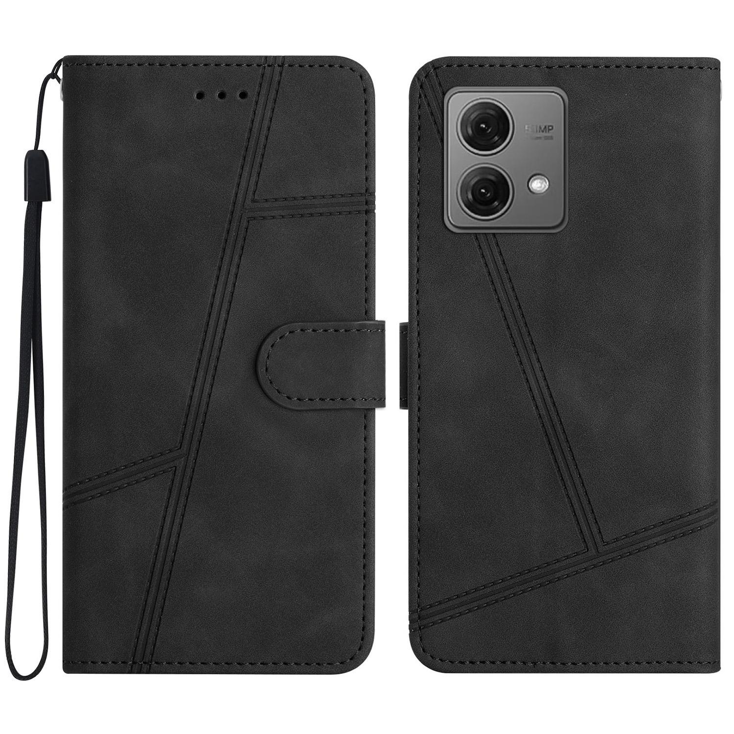 

For Motorola Moto G84 5G Cell Phone Case with Strap Lines Imprinted PU Leather Cover Black