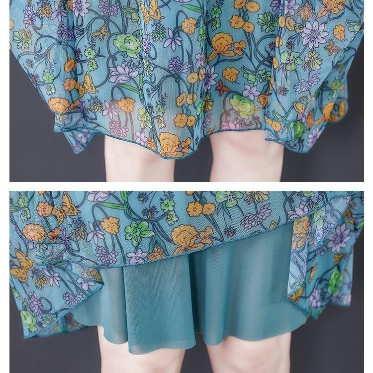 Chiffon Blumenkleid L-XXXXXL Damen Sommer Schleier Kurzarm Rundhals Leicht und Atmungsaktiv