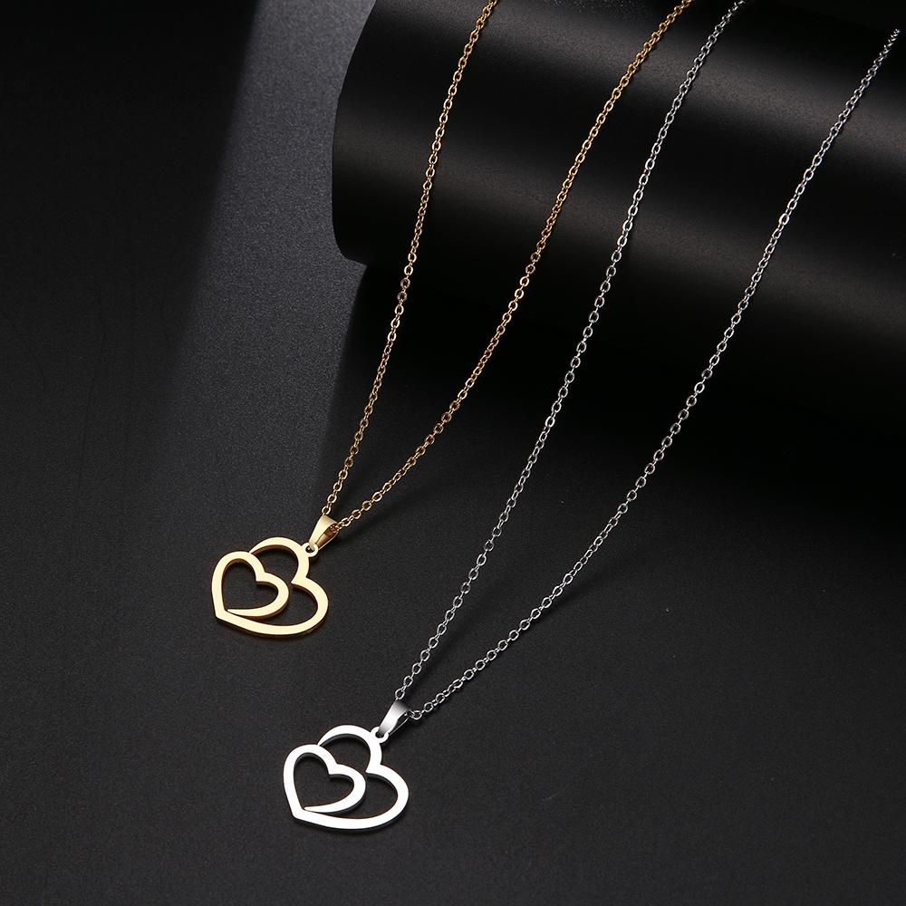 Stainless Steel Necklace For Women Man Hollow Double Heart Choker Pendant Charms Necklace Engagement Zircon