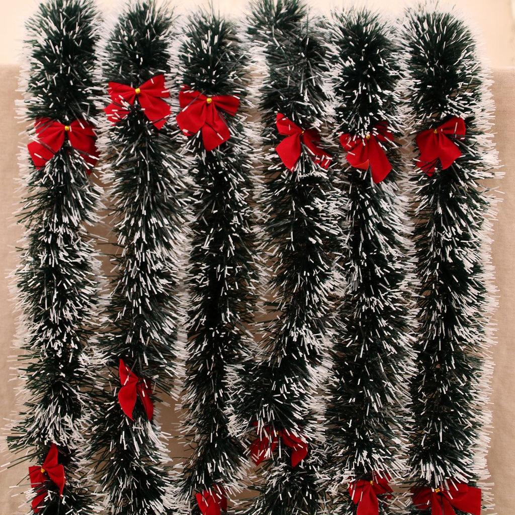Dark Green Christmas Heather Garland with White Edge & Bow for Hotel Decoration