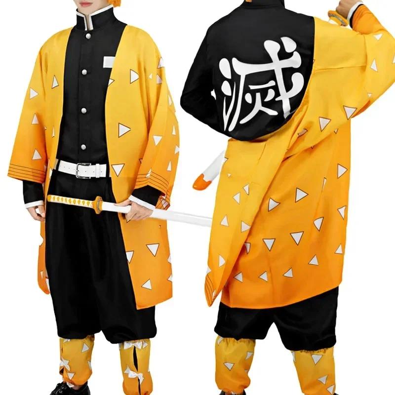 Adulte/enfants Anime Agatsuma Zenitsu Cosplay Costume Perruque Chaussures Hommes Kimono Jaune Cape Tenues