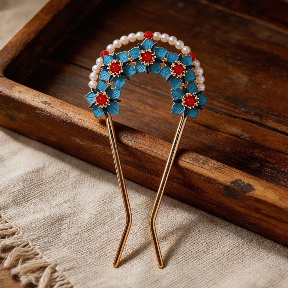 

Vintage Chinese Enamel Flower U-Shaped Hair Stick Gold-Tone Hairpin Faux Pearls Red Gem Accents Elegant Traditional Hanfu золотистый