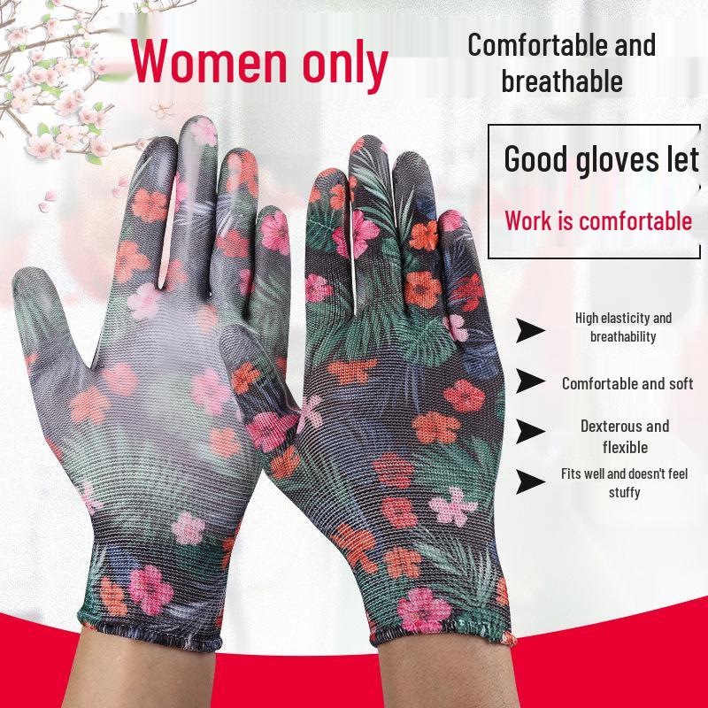 Women's Thin Nylon PU Anti-Slip Breathable Work Gloves: Wear-Resistant, Adhesive Coated Palm and Fingertips for Safety.